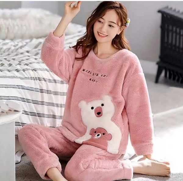 Women Print Warm Flannel Women Pyjamas Sets Thin Coral Velvet Long Sleeve Sleepwear Pajamas Set Fall Winter