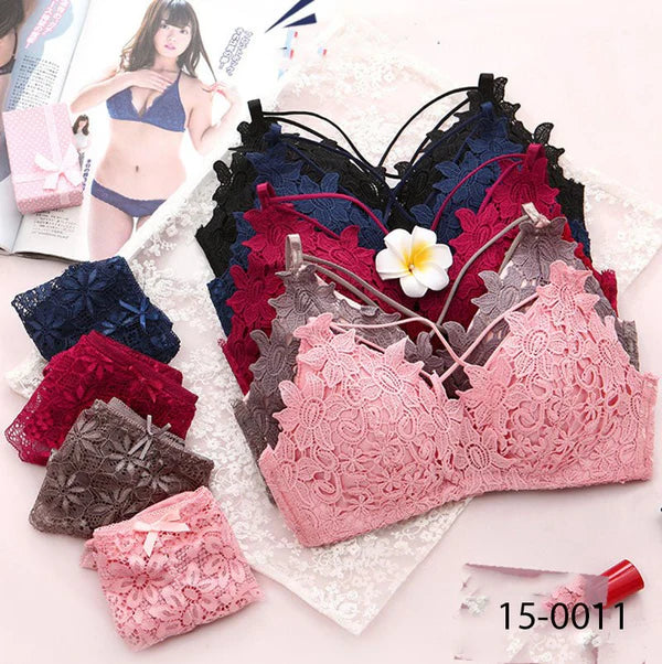 Women's Embroidery Lace Bra Set Antiseptic Wire Free Underwear Comfortable Adjustable Fit