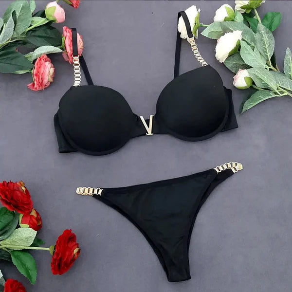 Women’s V-Shaped Metal Bra & Low Waist Thong Lingerie Set with Chain Details