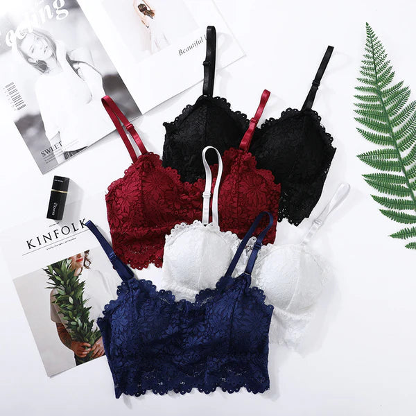 Women Lace Flower Bras Comfortable Top Solid Color Bralette Hollow Out Vest Wireless Lingerie