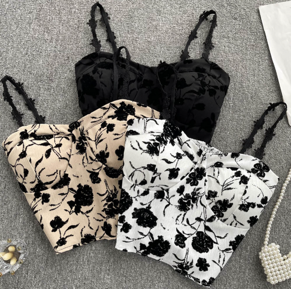 Floral Corset Bustier Crop Top - Off Shoulder Slim Fit Strappy Tank